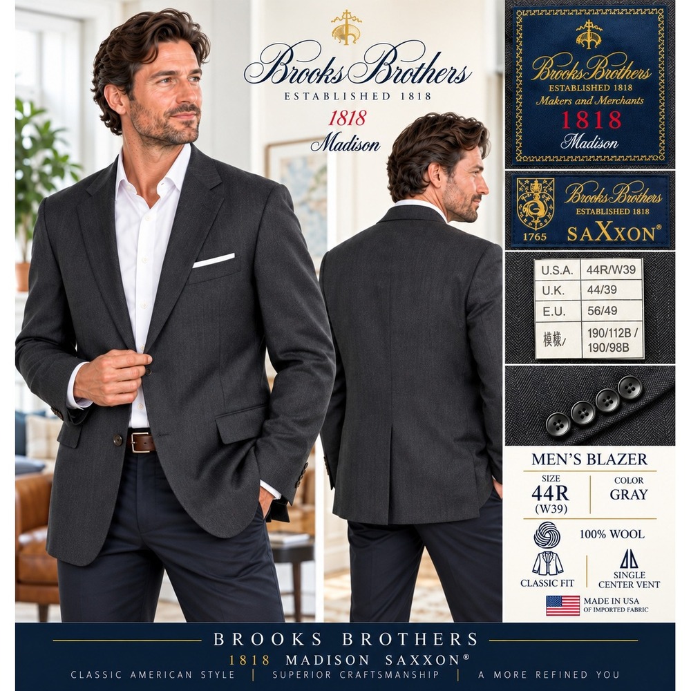 Brooks Brothers 1818 Madison Saxxon Wool Blazer 44R Gray Herringbone USA #1893